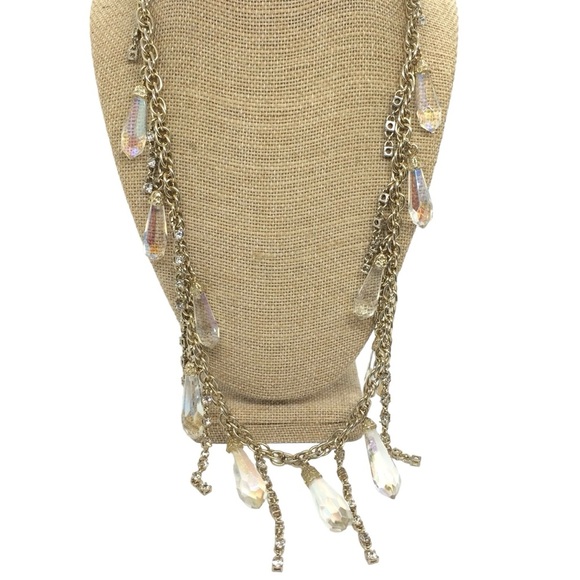 VINTAGE ANN TAYLOR AB AURORA BOREALIS BEAD CHAIN DANGLE NECKLACE GOLD TONE BELT - Picture 5 of 15